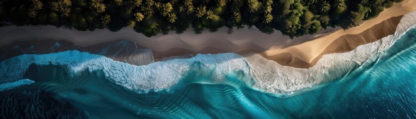 Wall Mural - Aerial view of a stunning tropical beach with turquoise waves crashing onto golden sands, surrounded by lush greenery.