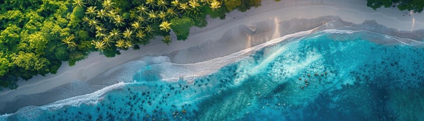 Wall Mural - Aerial view of a pristine tropical beach with turquoise water and lush greenery, perfect for a relaxing vacation getaway.
