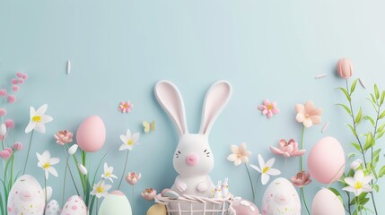 Easter bunny with eggs and flowers on a light blue background