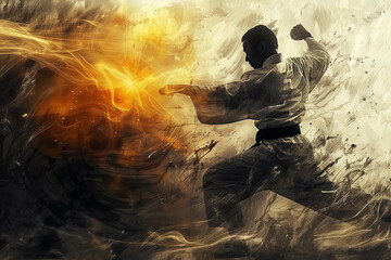 Wall Mural - boxing fighters on fire concept wallpaper banner design, Mix martial art digital portrait, Ethereal wrestling concept Art, surreal karate players, Creative fantasy fighting figures illustration design