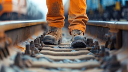Orange work boots on railroad tracks