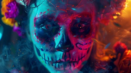 Portrait of female zombie with painted skull face, sends air kiss, expresses love, celebrates day of death, prays for family members who died comes on Mexican holiday or festival has halloween makeup.
