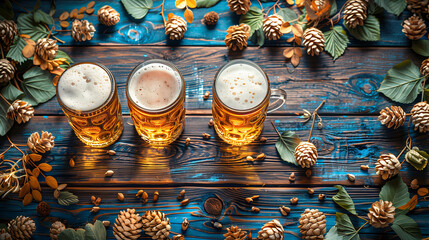 Wall Mural - A top-down view of three full glasses of beer surrounded by autumn foliage and pine cones, resting on a rustic wooden table