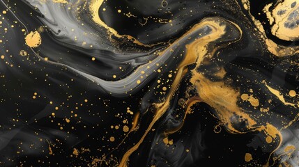 Wall Mural - Abstract black marble background with golden swirls and splashes