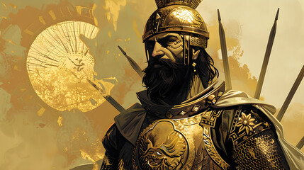 Wall Mural - A Persian warrior with golden sun crest on his armor, illustration.


