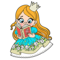 Canvas Print - Cute cartoon long haired princess girl read a book color variation on white background