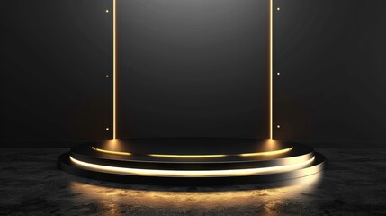 Wall Mural - black podium with golden lights and circular platform