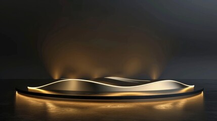 Wall Mural - illuminated gold podium with wavy design and black background