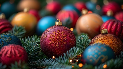 Poster - Colorful Christmas Ornaments Hanging on Pine Branches Creating a Festive Holiday Atmosphere