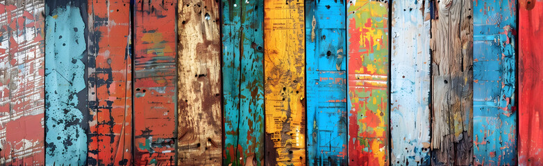 Aufkleber - Colorful Weathered Wooden Planks with Peeling Paint Layers Abstract Background