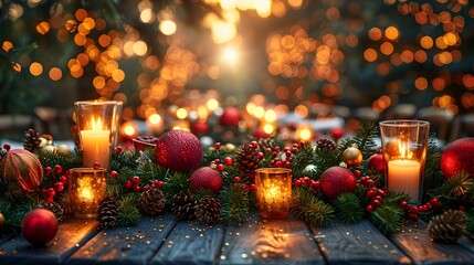 Poster - Cozy Christmas Ambiance with Glowing Candles and Festive Decor on Rustic Wooden Table