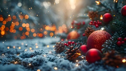 Poster - Cozy Christmas Scene with Sparkling Ornaments and Festive Foliage
