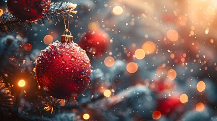 Poster - Dazzling Red Christmas Ornament Hanging on Snowy Pine Branch in Festive Bokeh Background