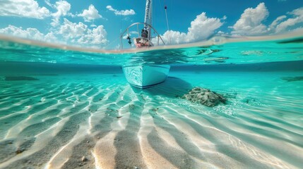  Beautiful tropical beach with clear turquoise water and a wooden boat on a white sand