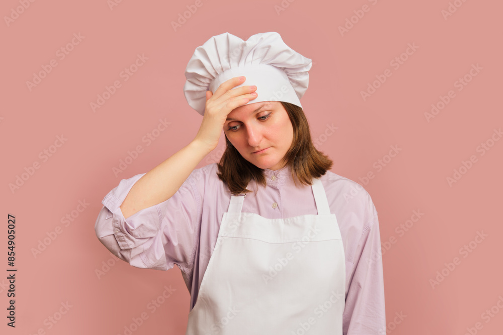Sad woman cook on studio pink background. Portrait of a female person ...
