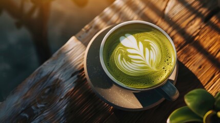 Poster - Green tea latte art in a cup on wooden table from above