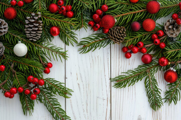 Wall Mural - A close-up image of fresh evergreen branches with red berries and ornaments on a white wooden background