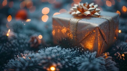 Aufkleber - Festive Christmas Gift Wrapped in Glittering Silver Paper with Sparkling Lights and Snowy Pine Branches