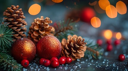 Poster - Festive Christmas Holiday with Pine Cones and Baubles on Evergreen Branches