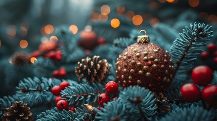 Aufkleber - Festive Christmas Ornament with Evergreen Branches and Sparkling Lights