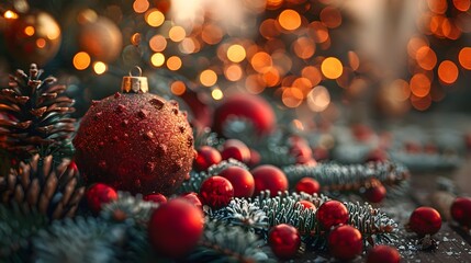Poster - Festive Christmas Ornaments and Pinecones on Snowy Fir Tree Branches