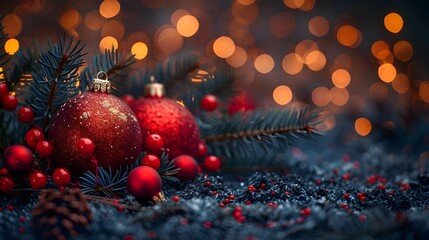 Poster - Festive Christmas Ornaments and Sparkling Bokeh Lights on Snowy Fir Branches