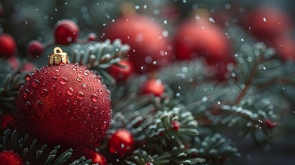 Poster - Festive Red Christmas Ornament Hanging on Snowy Evergreen Branches with Icy Details