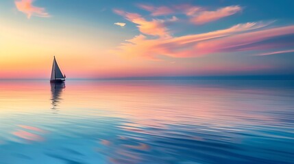 Wall Mural - A sailboat sails on a calm, still sea at sunset with a pink and orange sky.