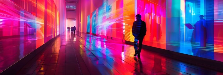 Leinwandbilder - Futuristic Luminous Corridor Glowing with Vibrant Neon Lights and Surreal Chromatic Patterns