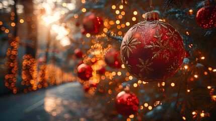 Poster - Glittering Christmas Ornament Hanging on Festively Lit Tree with Bokeh Backdrop