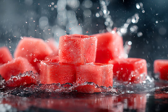 juicy and fresh watermelon cubes with water splashes