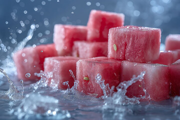 Wall Mural - juicy and fresh watermelon cubes with water splashes