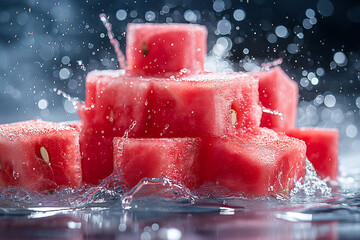 Wall Mural - juicy and fresh watermelon cubes with water splashes