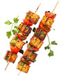 © tohceenilas - Top view of grilled vegetable skewers with tofu and fresh herbs, perfect for a healthy, plant-based meal. Ideal for barbecue and picnic themes.