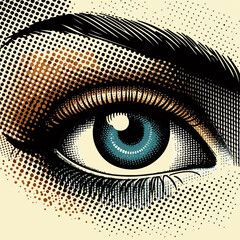 Retro halftone eye. Open human eye in halftone texture, dotted pop art style.