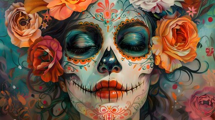 Wall Mural - Portrait of female zombie with painted skull face, sends air kiss, expresses love, celebrates day of death, prays for family members who died comes on Mexican holiday or festival has halloween makeup.