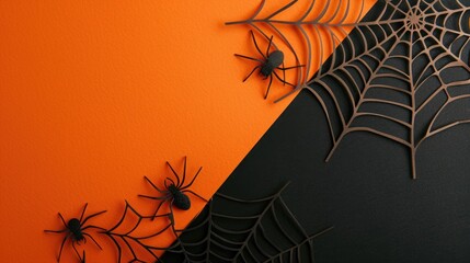 Wall Mural - Halloween themed orange and black paper background with spiderwebs