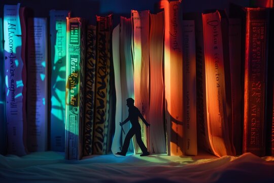 A man's silhouette stands dwarfed among towering colorful pages of a book lineup