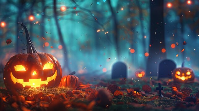 Halloween - Pumpkins In Spooky Forest With Tombs At Night - Abstract Defocused Background, Generative ai