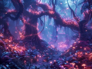 Canvas Print - Enchanted forest with glowing plants and mystical creatures, bathed in a magical, ethereal light