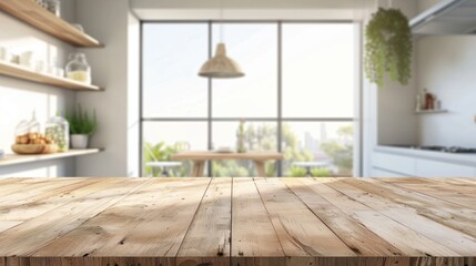 Wall Mural - Wooden kitchen countertop with blurred interior background