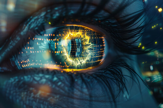 Close-up of a digital human eye with data and code reflected, symbolizing advanced technology and cyber intelligence