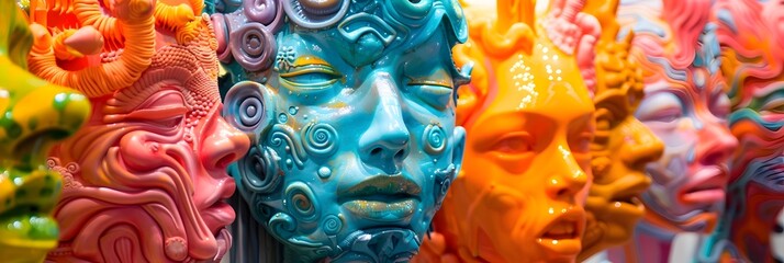 Aufkleber - Surreal Masks Sculptures Depicting Vibrant Tribal Spiritual Mystical Expressions
