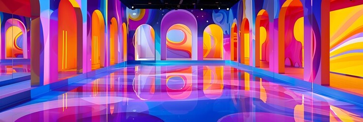 Poster - Surreal Neon Lit Architectural Corridor Reflecting an Infinite Dreamscape