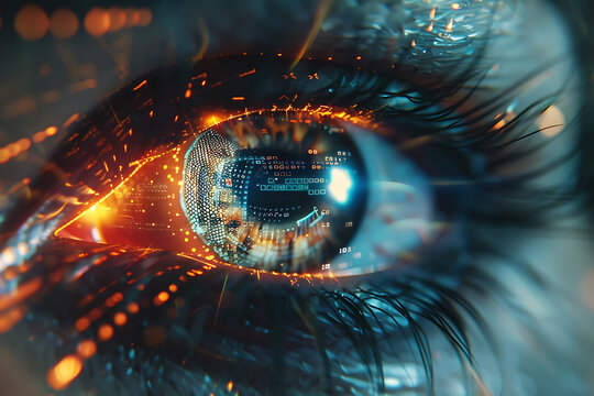 Close-up of a digital human eye with data and code reflected, symbolizing advanced technology and cyber intelligence