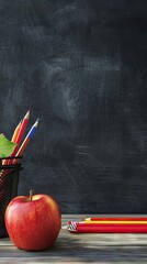 Wall Mural - Teachers desk with colourful pencils and an apple. AI generated illustration