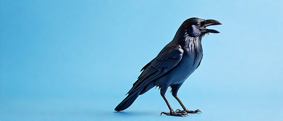 Wall Mural - A cute Crow on blue background, paper cut art.