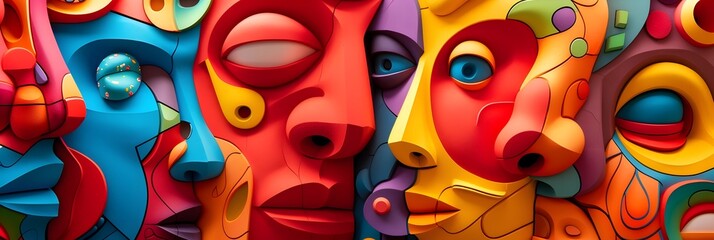Aufkleber - Vibrant Abstract Faces Showcasing Diverse Emotions and Creativity in Surreal Digital Art