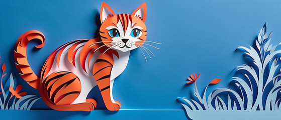 Wall Mural - A cute Cat on blue background, paper cut art.