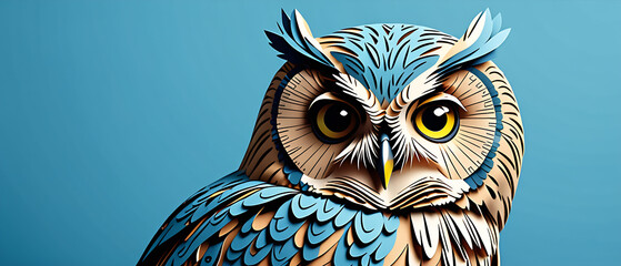 Canvas Print - A cute owl on blue background, paper cut art.